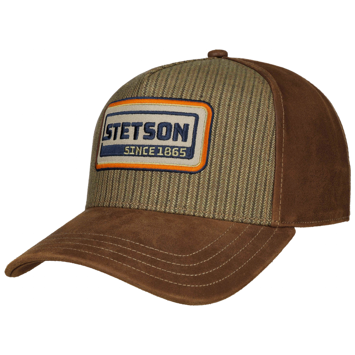 Kuvassa on puuvillaa ja pellavaa yhdistelevä ruskean sävyinen Stetson Trucker Cap Cotton Linen Stripe.