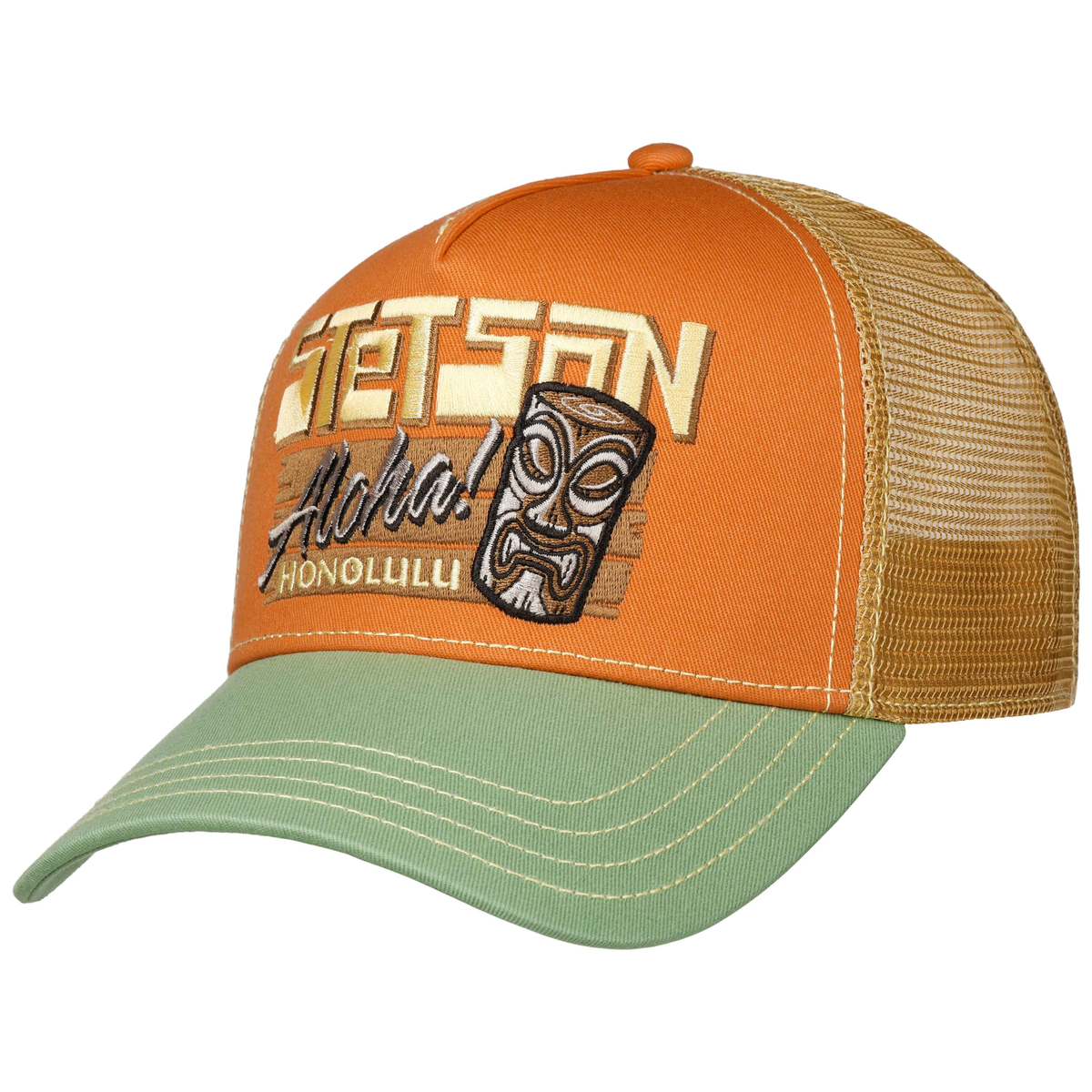 Oranssin ja vihreän sävyinen Stetson Trucker  Cap Honolulu on rento lippis kesäpäiviin.