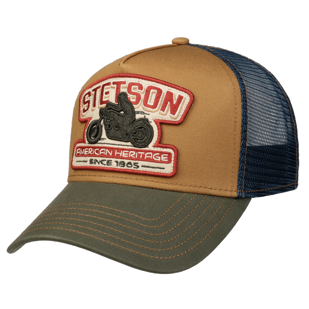Stetson Trucker Cap Motorcycle on pohjaväriltään ruskea, verkko-osa on sininen ja lippa vihreä. Edessä on näyttävä moottoripyöräbrodeeraus.