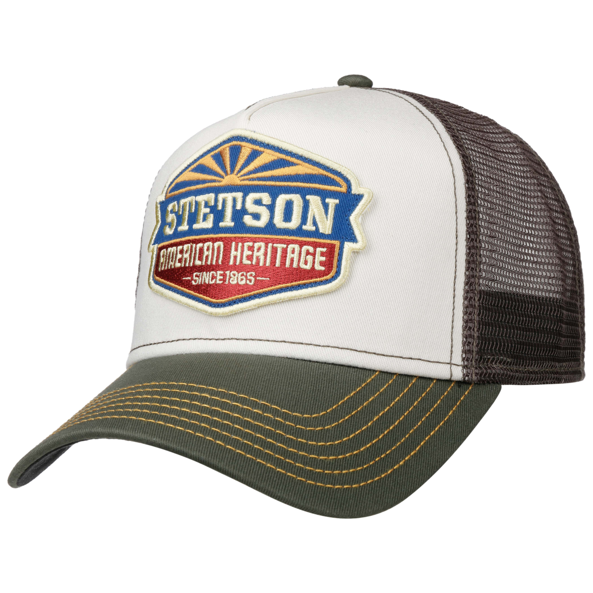 Klassinen Stetsonin Trucker Cap, jossa vihreä lippa ja Sun-logo.
