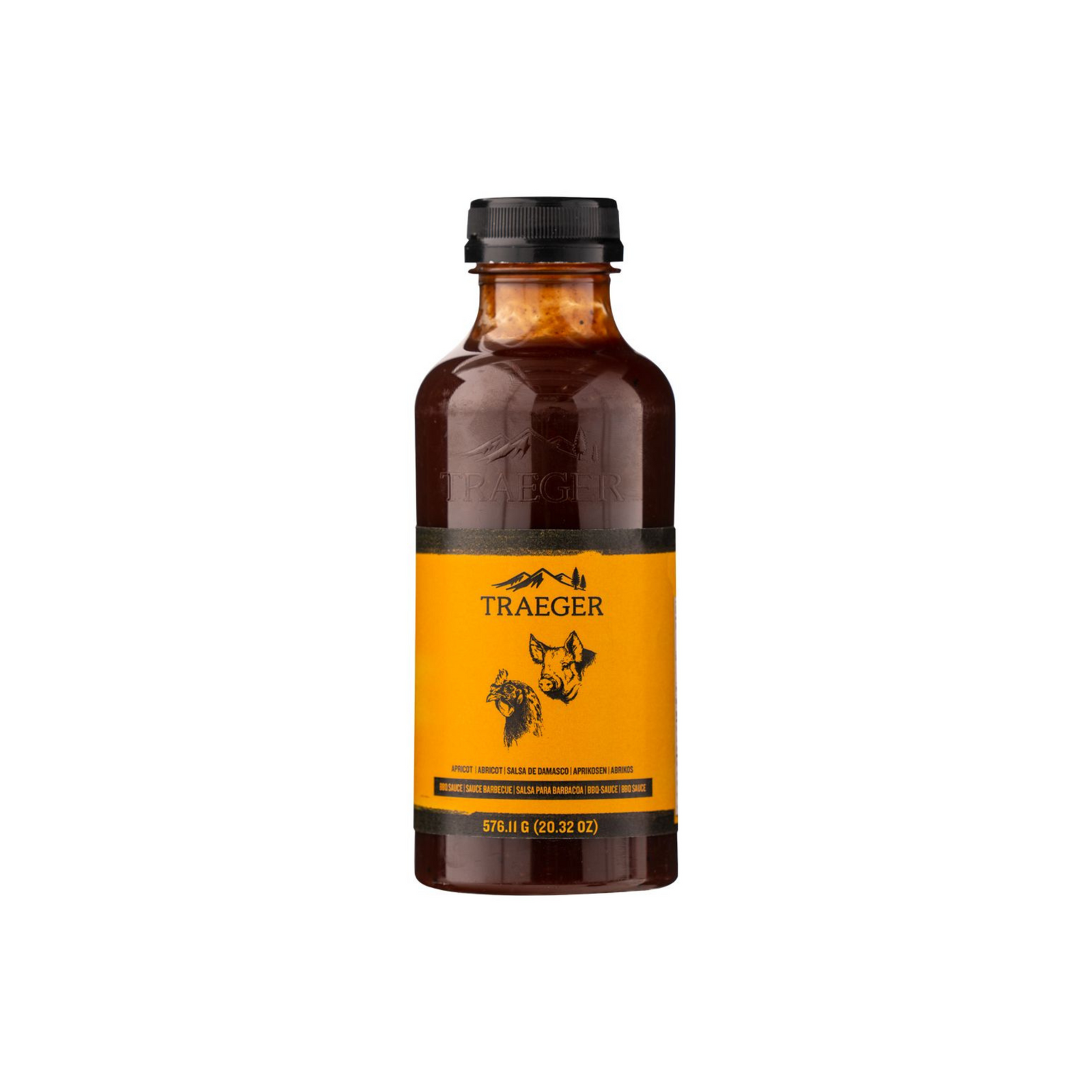 Kuvassa on pullo Traeger Apricot BBQ kastiketta.