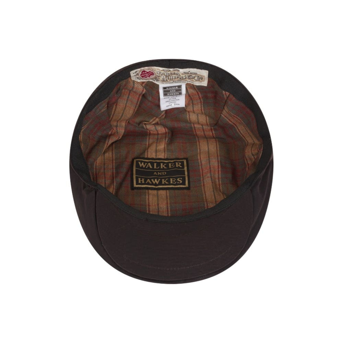 Walker and Hawkes Belton öljykangas flat cap, ruskea, sisältä kuvattuna.