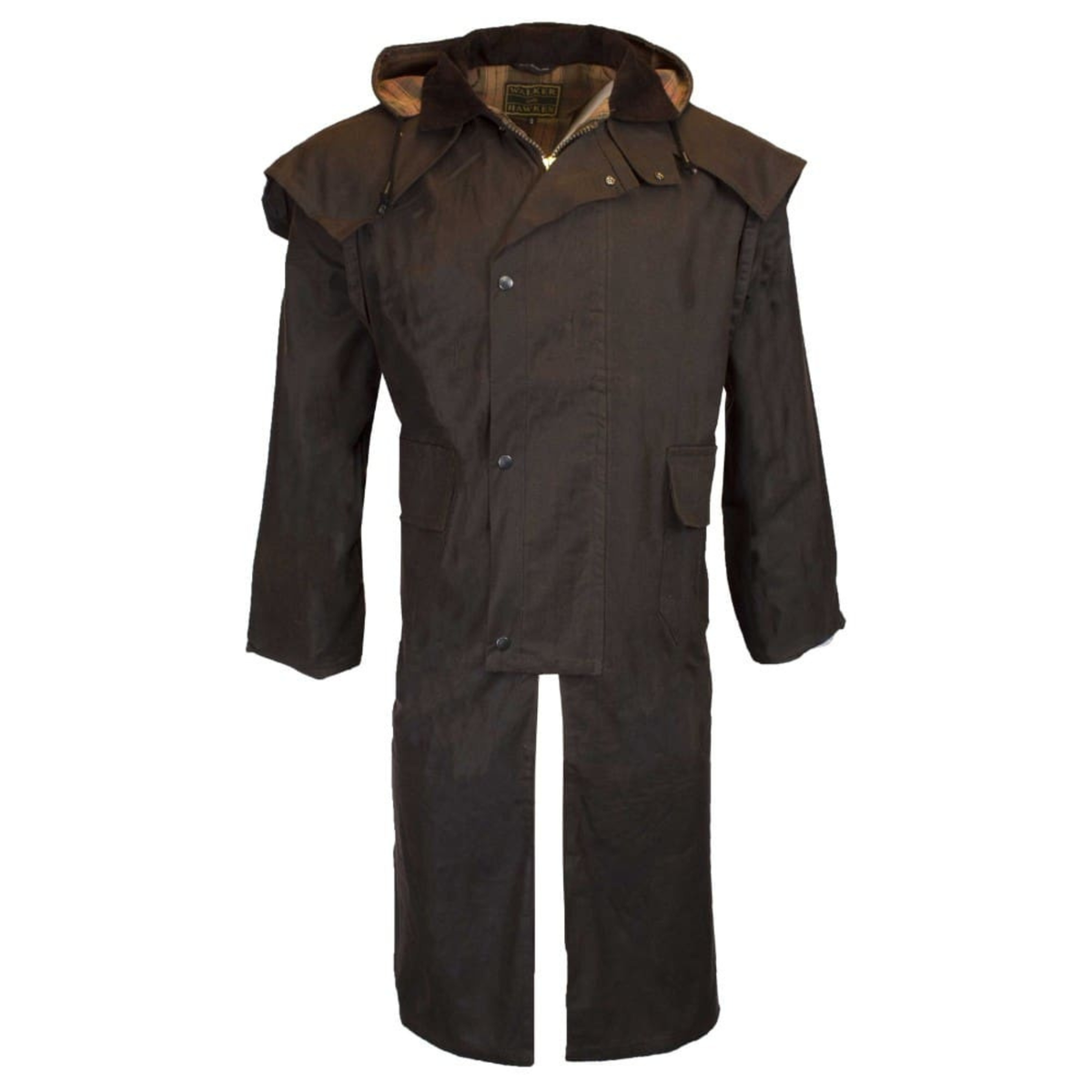 Walker and Hawkes Stockman Cape Coat öljykangastakki Unisex, ruskea, edestä kuvattuna.

