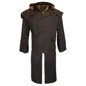Walker and Hawkes Stockman Cape Coat öljykangastakki Unisex, ruskea, edestä kuvattuna.
