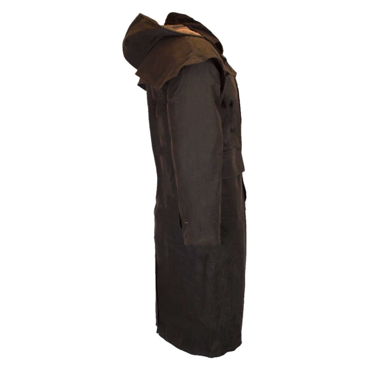 Walker and Hawkes Stockman Cape Coat öljykangastakki Unisex, ruskea, kyljestä kuvattuna
