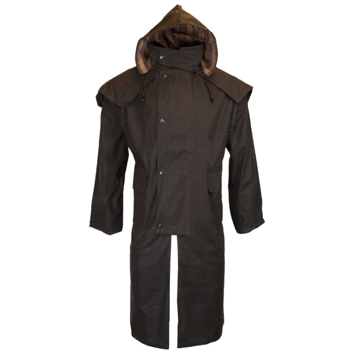 Walker and Hawkes Stockman Cape Coat öljykangastakki Unisex, ruskea, kuvattuna huppu auki
