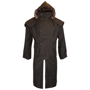 Walker and Hawkes Stockman Cape Coat öljykangastakki Unisex, ruskea, kuvattuna huppu auki