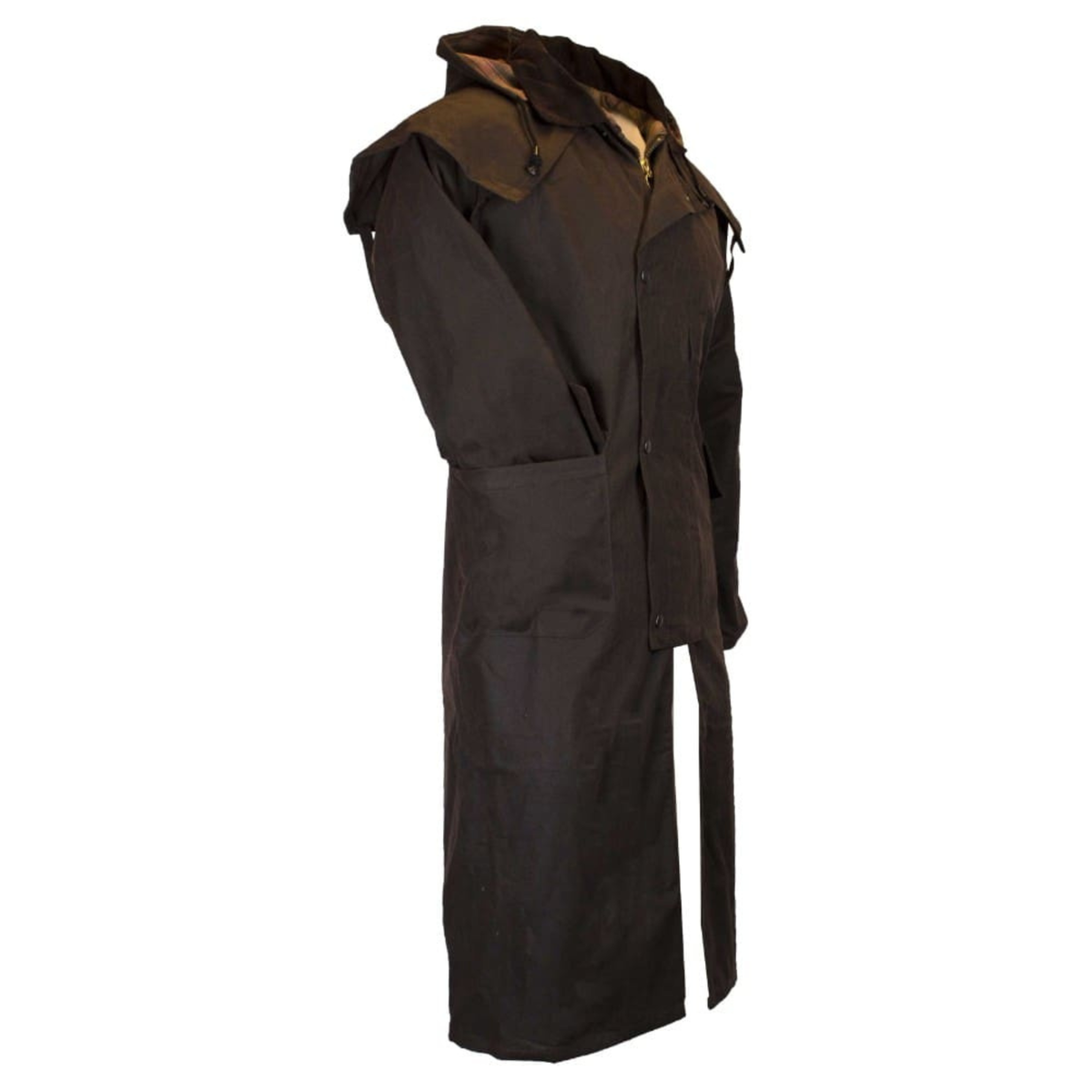 Walker and Hawkes Stockman Cape Coat öljykangastakki Unisex, ruskea, kuvattuna sivu viistosta.
