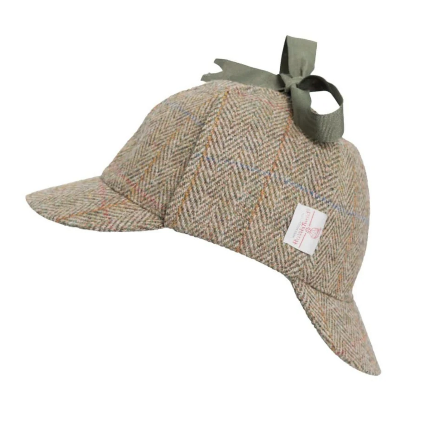 Walker & Hawkes Watson Deerstalker -tweedhattu Moss Green -värissä sivulta, etu- ja takalippa sekä vihreä solmimisnauha.