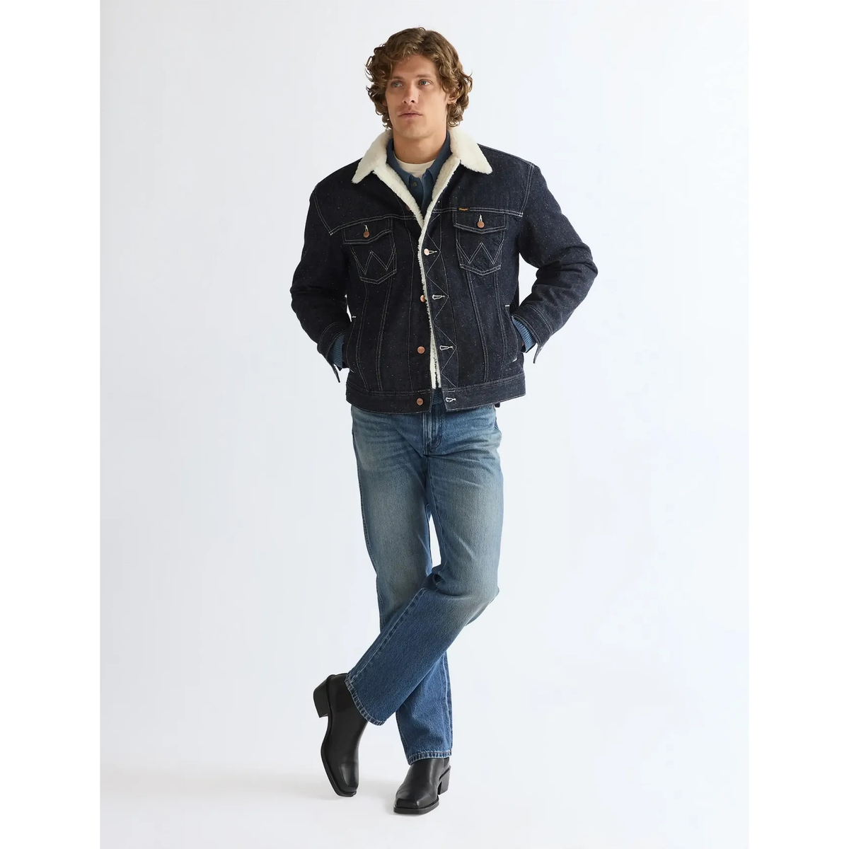 Wrangler Sherpa Anti Fit Jacket Night Sky miesten farkkutakki karvakauluksella